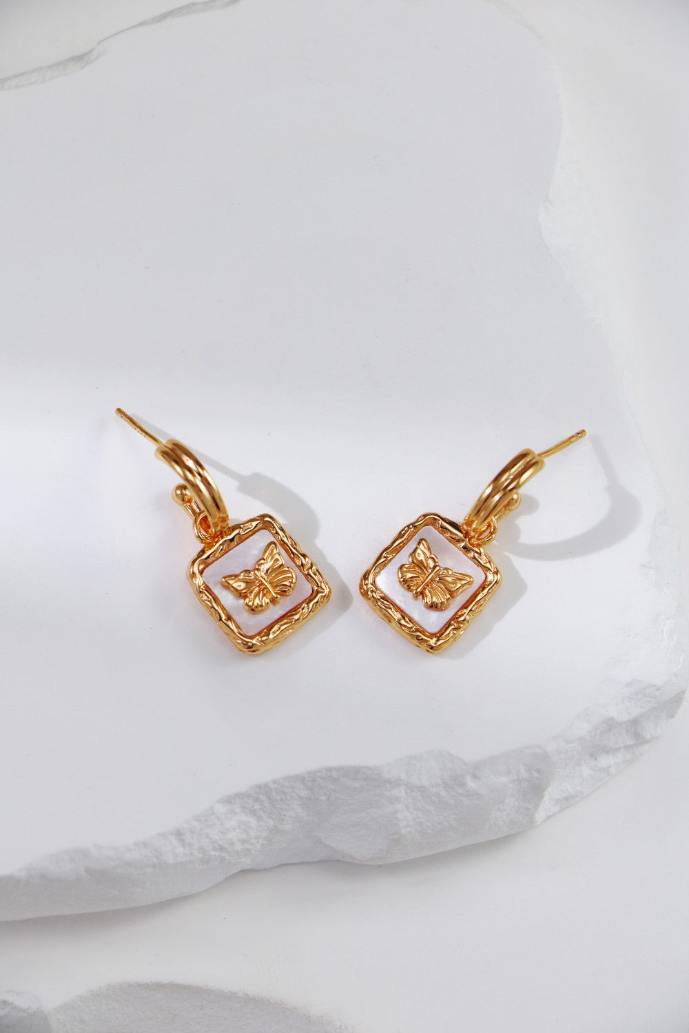 S925 Silver Vintage Gold White Shell Butterfly Earrings