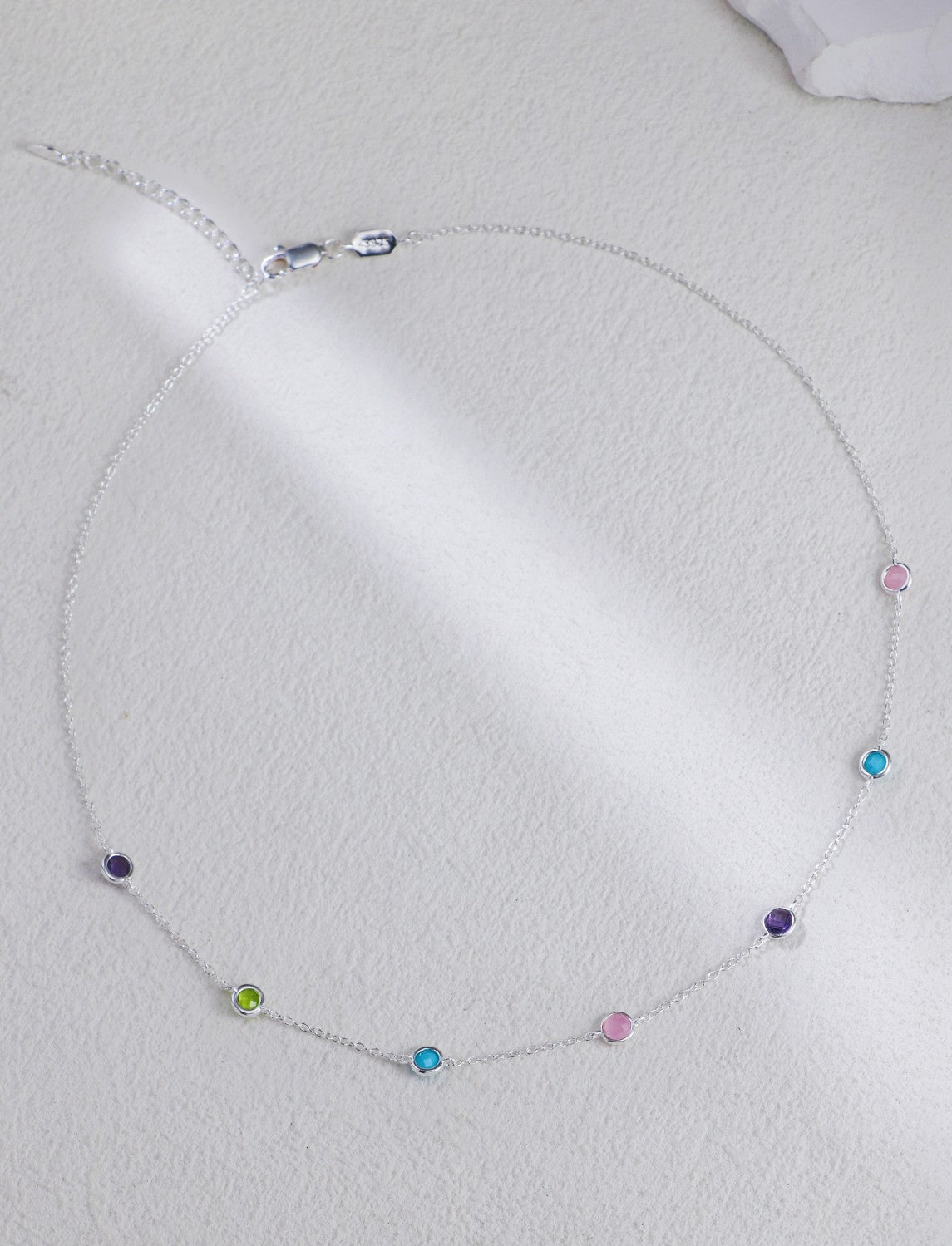 S925 Sterling Silver Round Diamond-Cut Colored Stone Necklace