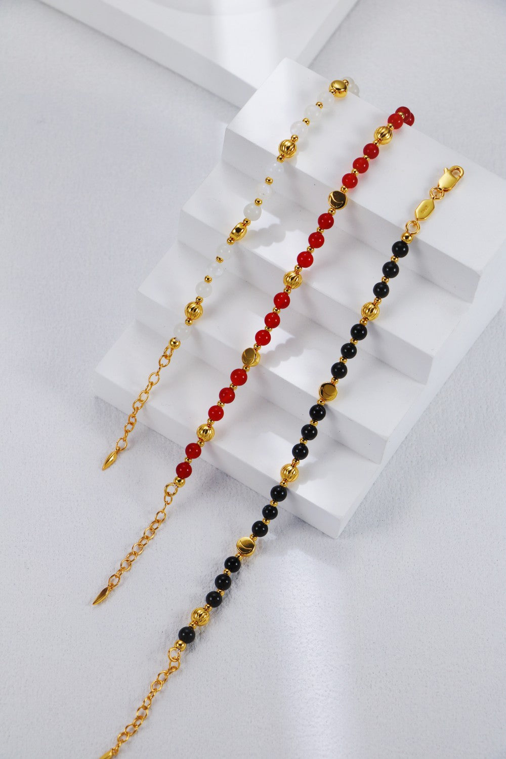 S925 Silver Gold-Tone Natural Stone Bracelet (Red Agate, Black Agate, Blue Moonstone)