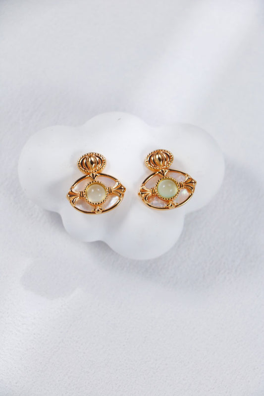 S925 Silver Vintage Gold Grape Agate White Mother-of-Pearl Earrings