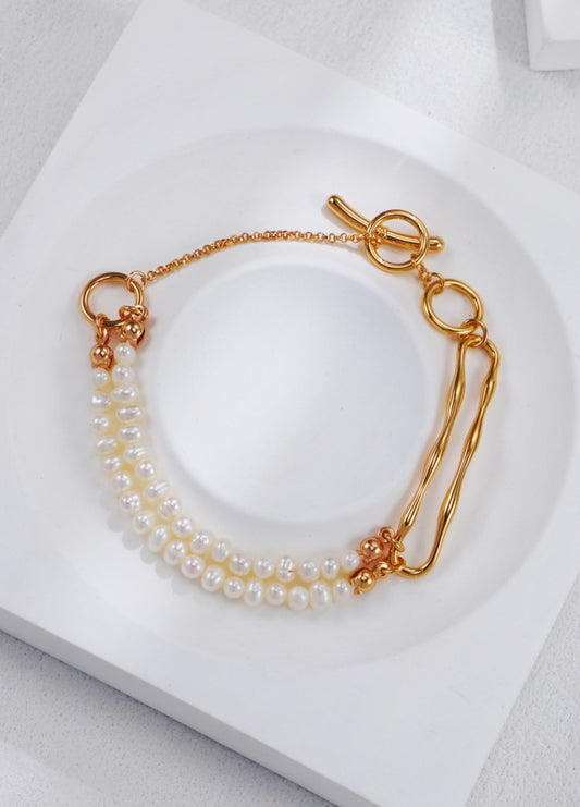 S925 Silver Vintage Gold Double-Layer Pearl Bracelet