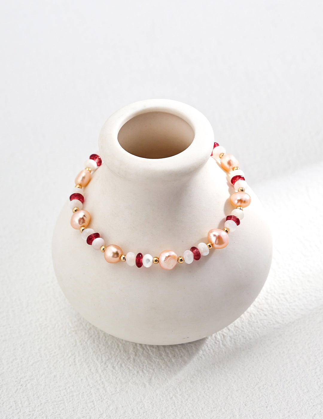 S925 Silver Fashionable Natural Pearl, Mother of Pearl & Ruby Bracelet