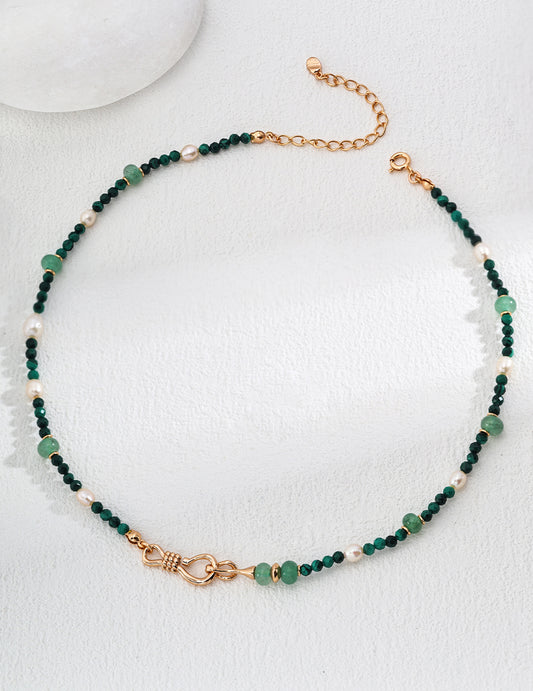 S925 Sterling Silver Green Aventurine, Natural Malachite, and Pearl Necklace