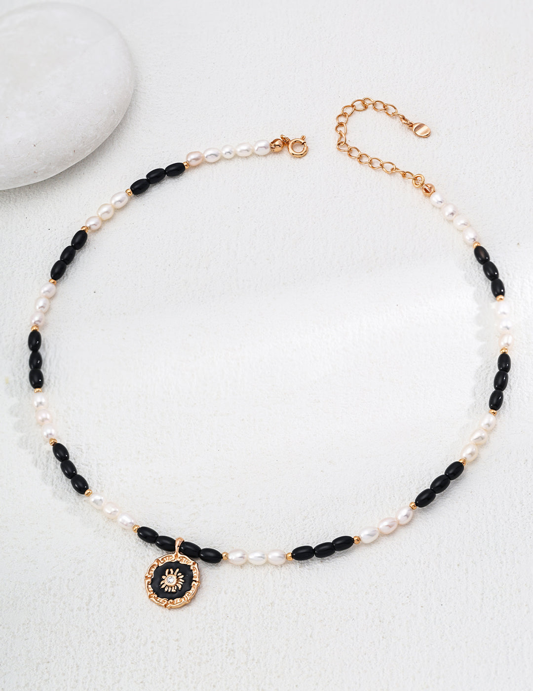 S925 Silver Natural Pearl, Black Onyx, Enamel & Zircon Pendant Necklace