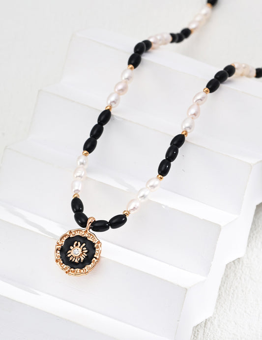 S925 Silver Natural Pearl, Black Onyx, Enamel & Zircon Pendant Necklace