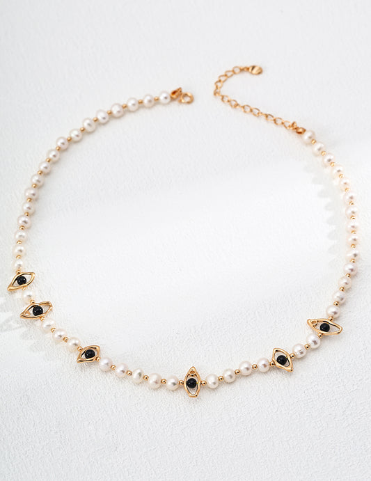 S925 Silver Natural Pearl & Black Onyx Necklace