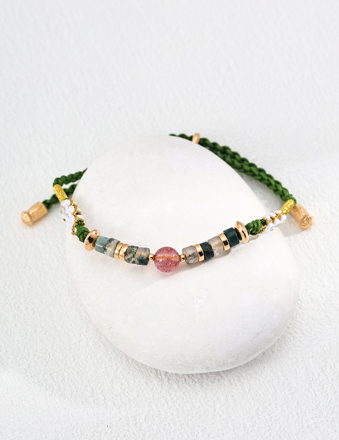 S925 Silver Vintage Strawberry Quartz, Seaweed Agate, and Hemp Rope Bracelet