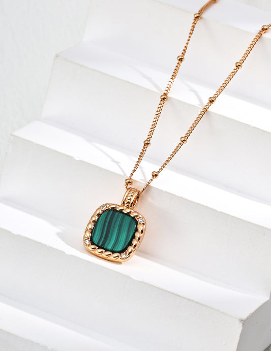 S925 Silver Minimalist Zircon & Natural Malachite Necklace