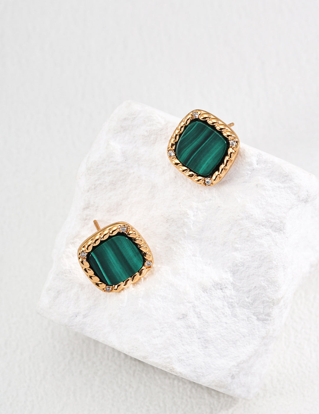 S925 Silver Minimalist Zircon & Natural Malachite Earrings