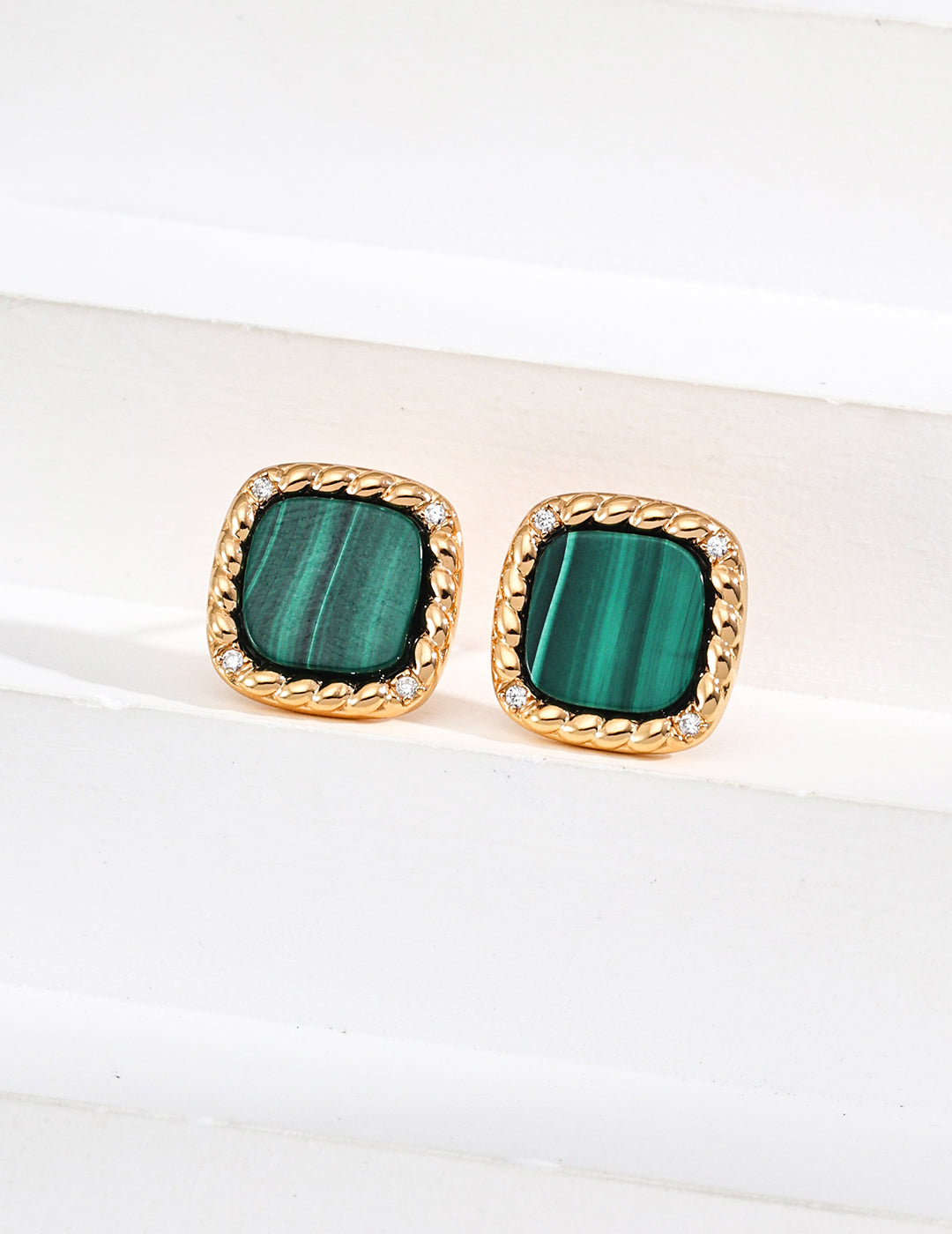 S925 Silver Minimalist Zircon & Natural Malachite Earrings