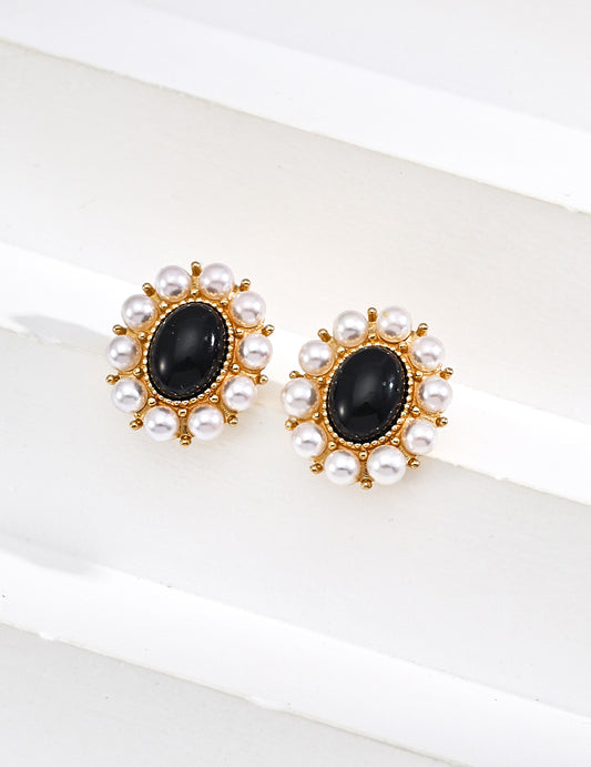 S925 Silver Designer Black Onyx & Imitation Pearl Earrings