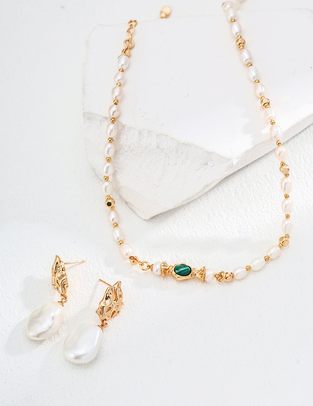 S925 Silver Minimalist Natural Pearl & Malachite Necklace