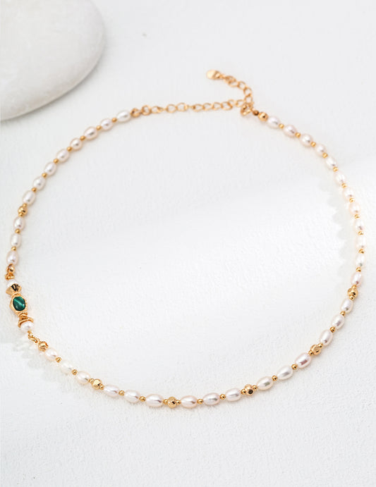 S925 Silver Minimalist Natural Pearl & Malachite Necklace