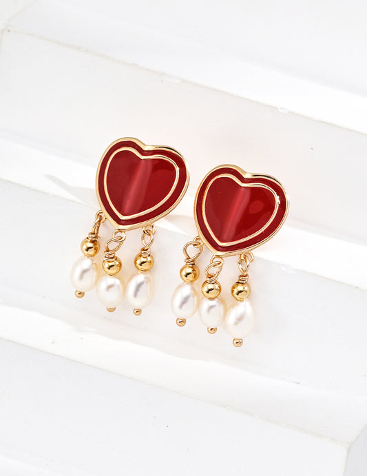 S925 Silver Fashion Red Enamel Natural Pearl Heart-Shaped Earrings