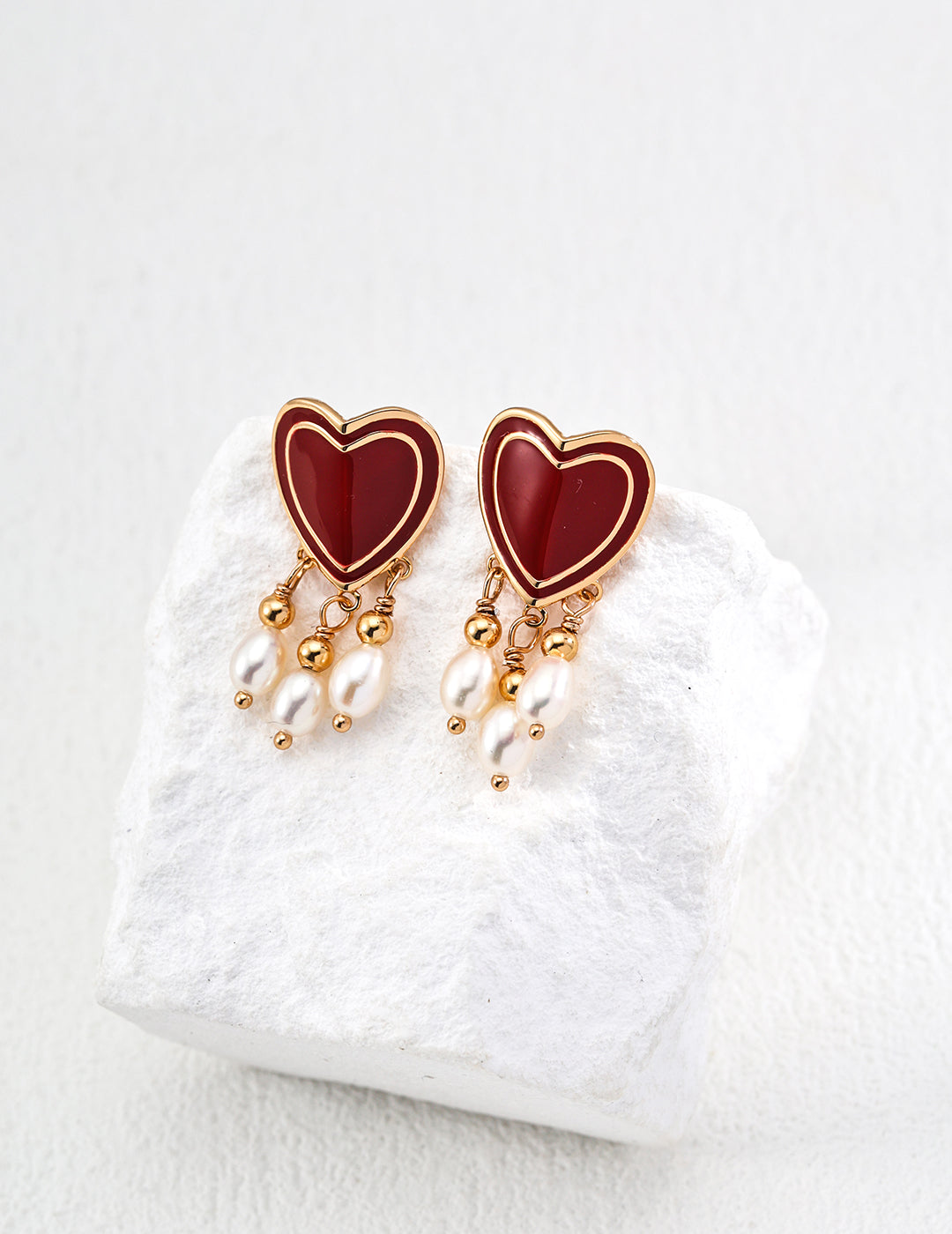 S925 Silver Fashion Red Enamel Natural Pearl Heart-Shaped Earrings